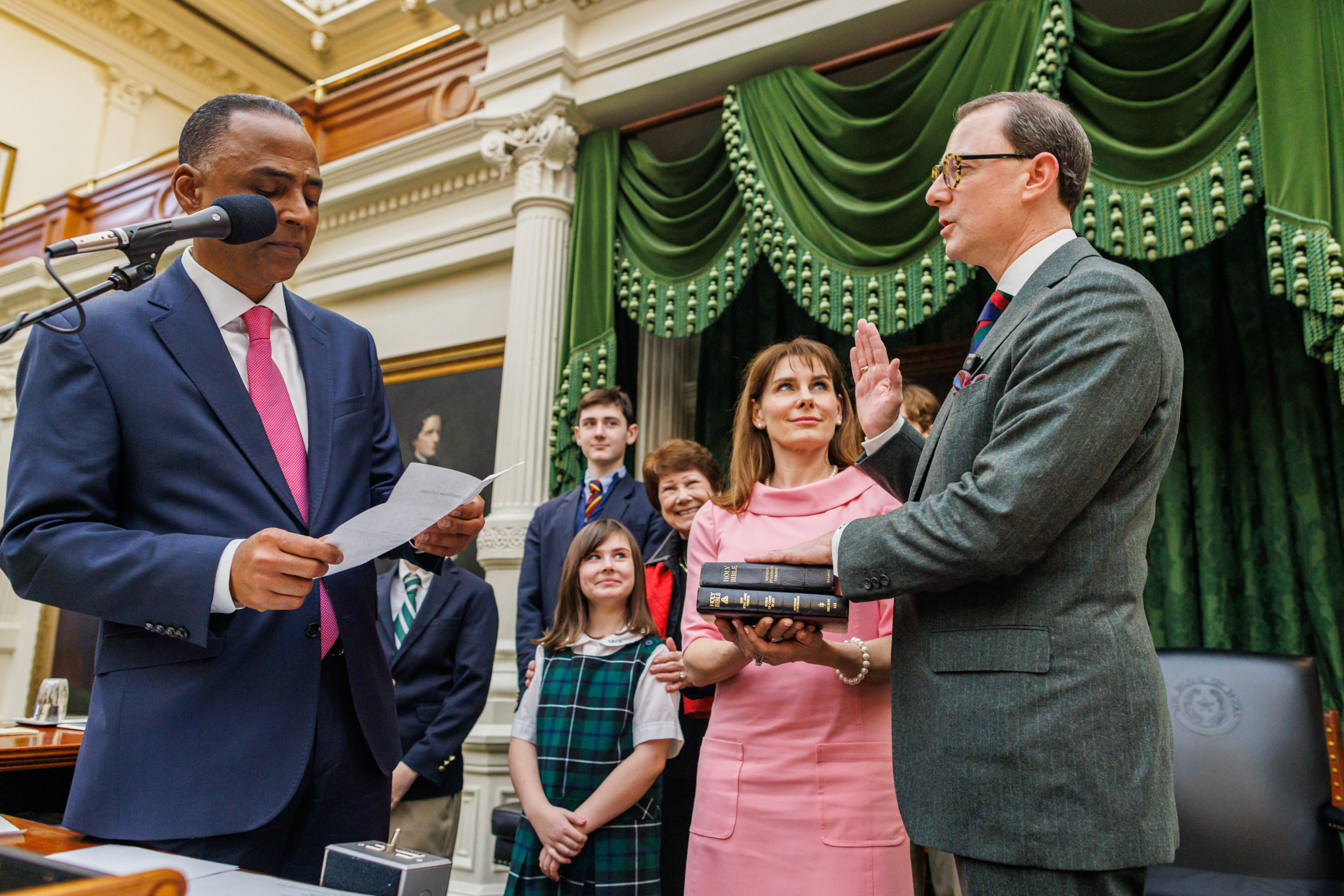 Crayton Webb alongside his wife, mother and four children being sworn in as president of the Texas Lyceum by El Paso, Texas Mayor Renard Johnson.