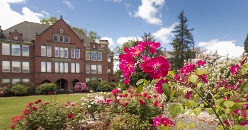 Eaton Hall with flowers in the foreground.