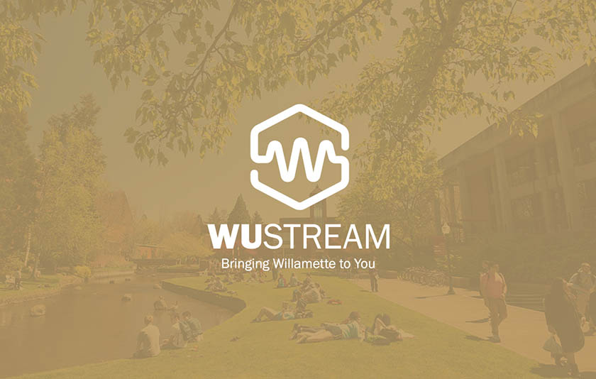 WU Stream logo featuring a W on a gold background with a faded image of the Mill Stream in the background